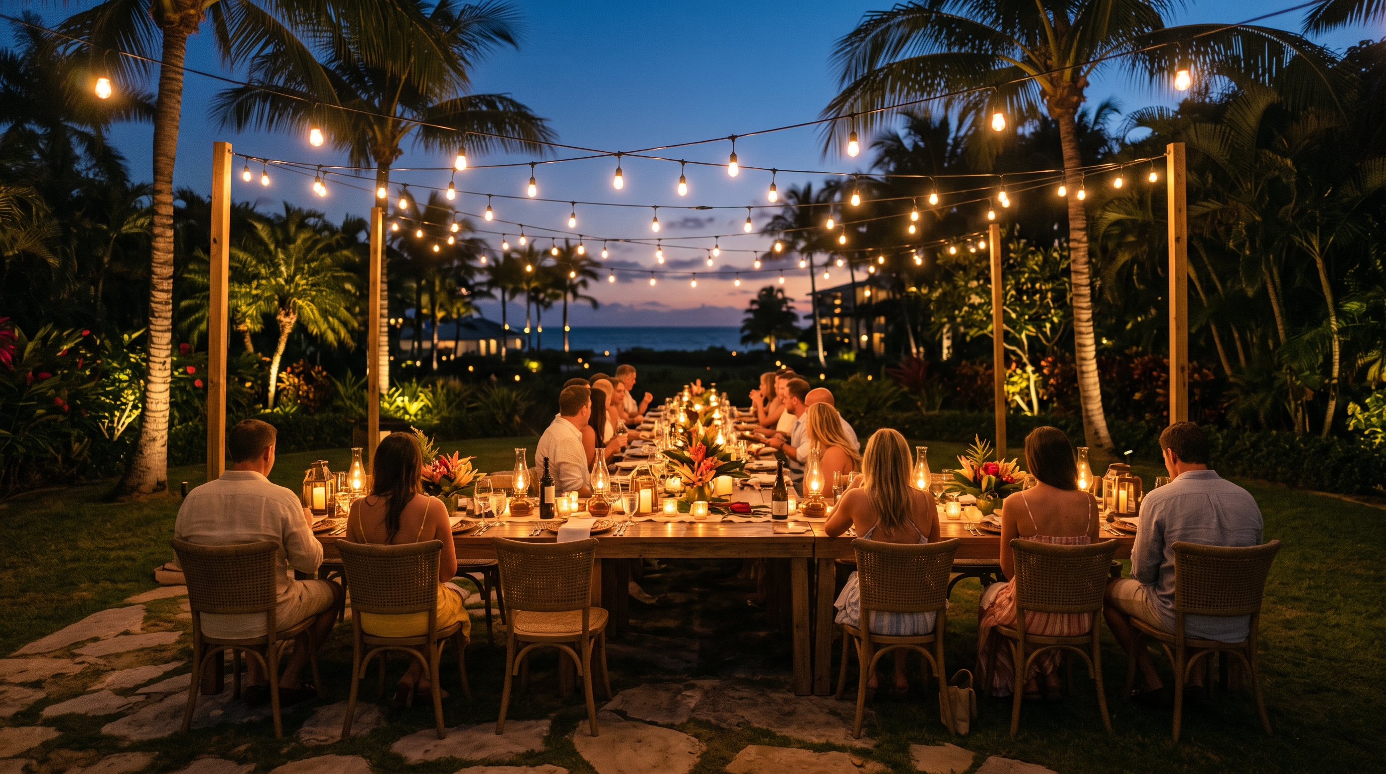 An outdoor group dinner at dusk under string lights