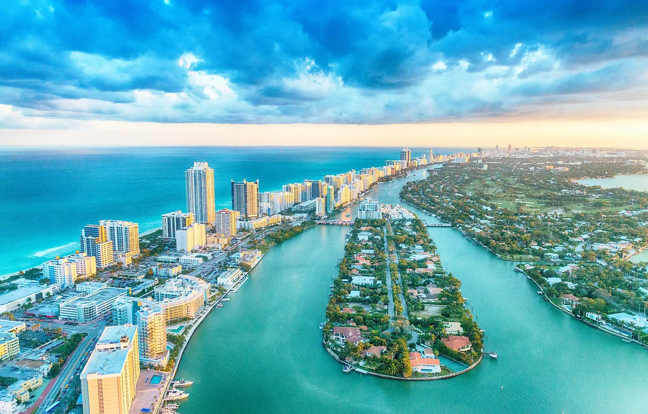 South Beach, Miami, at sunrise with a lifeguard tower and calm turquoise water
