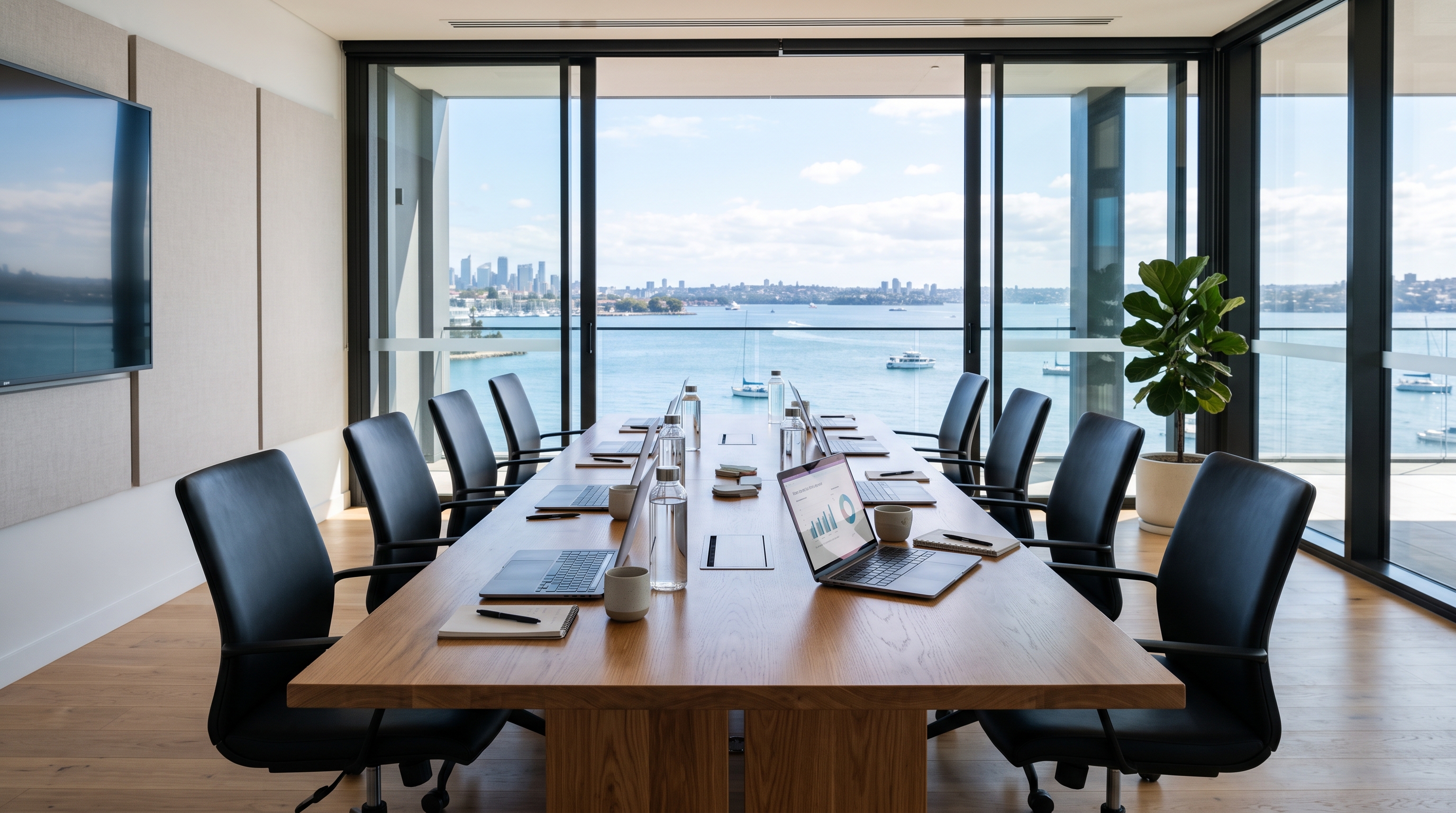 A bright workroom with a long table and laptops, with the bay visible through the window